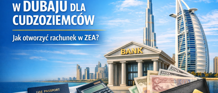 Konto bankowe w Dubaju dla cudzoziemców – bank w Dubaju z widokiem na Burj Khalifa i Burj Al Arab oraz elementy finansowe symbolizujące otwarcie rachunku w ZEA